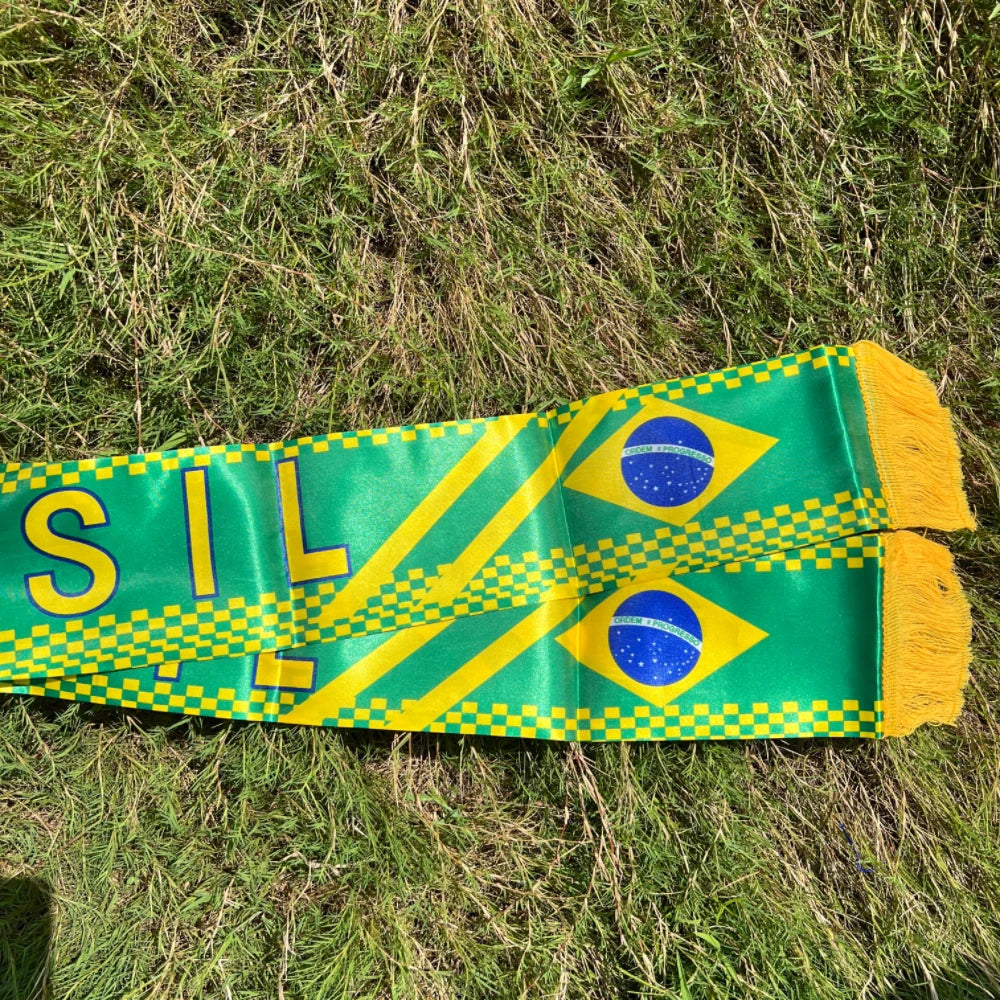 Brazil Scarf 14X130Cm Double Printed Brasil Flag Custom Scarf Football Team Scarf Printing Satin Brazil Banner