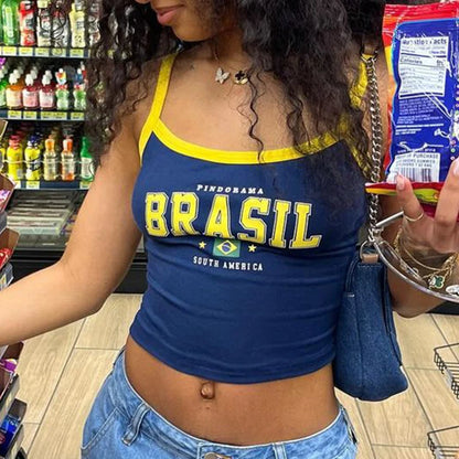 Gothic Vintage Aesthetic Brasil Print Camisole Tops Casual Slim Sexy Girl Fashion Women'S Streetwear Y2K Harajuku Crop Top Camis