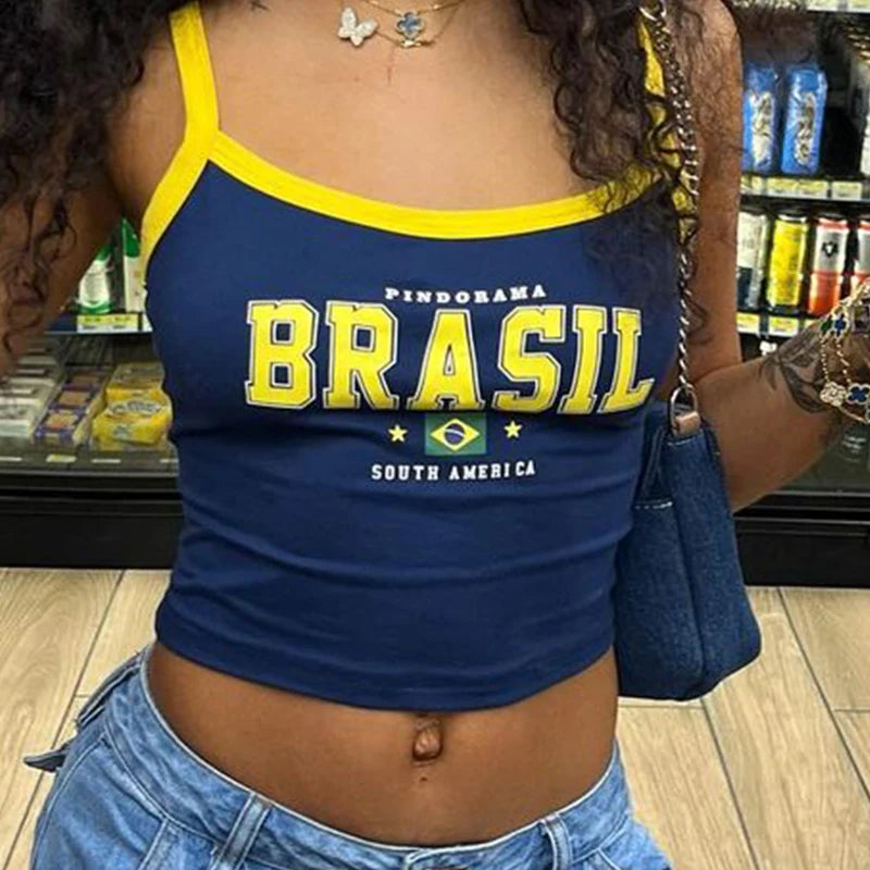 Gothic Vintage Aesthetic Brasil Print Camisole Tops Casual Slim Sexy Girl Fashion Women'S Streetwear Y2K Harajuku Crop Top Camis